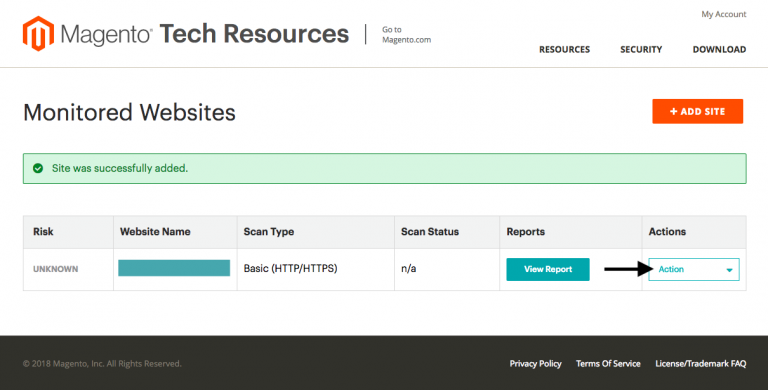 Magento Security Scan Dashboard - Site Added
