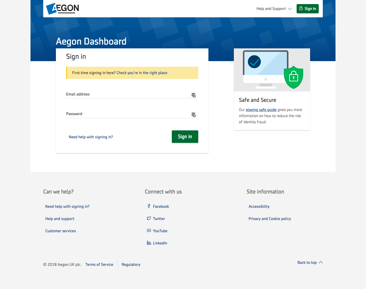 Aegon Customer Dashboard Website Screenshot