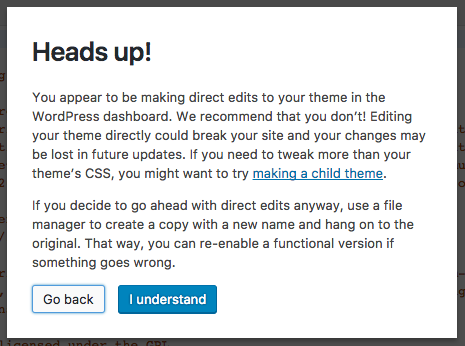 Warning given when editing themes and plugins within WordPress